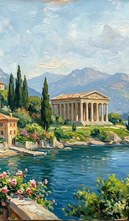 Lakeside Villa Overlooking Turquoise Waters — Handcrafted serene lake painting with mountain backdrop and reflection