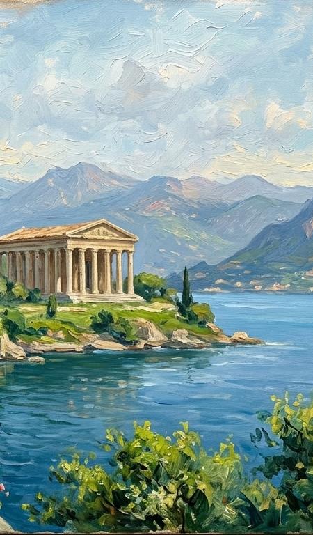 Classical Temple Ruins and Lake Vista — Handcrafted classical temple architecture painting nestled by verdant trees